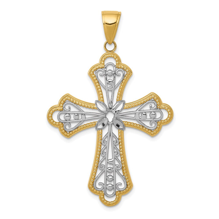 14K w/Rhodium Diamond-cut Filigree Cut-out Cross Pendant-C4272