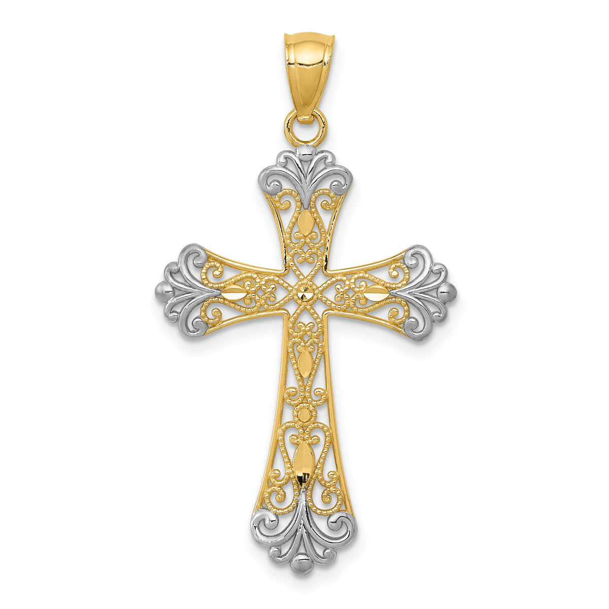 14k w/Rhodium Diamond-cut Cross Pendant-C4299