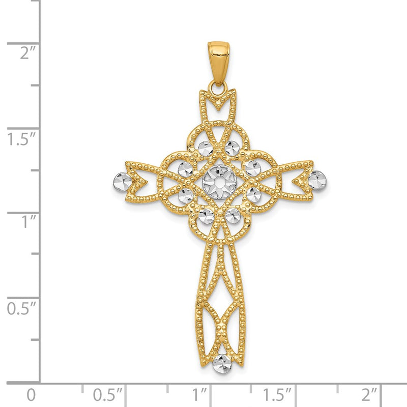 14K w/Rhodium Diamond-cut Beaded Trim Infinity Cross Pendant-C4309