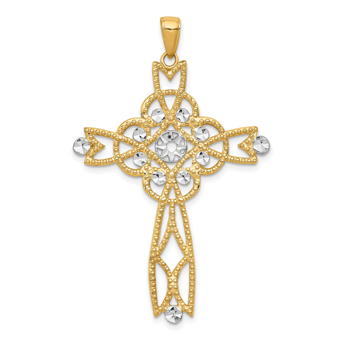 14K w/Rhodium Diamond-cut Beaded Trim Infinity Cross Pendant-C4309