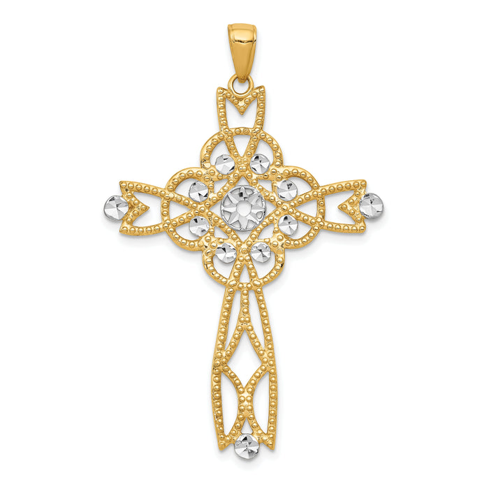 14K w/Rhodium Diamond-cut Beaded Trim Infinity Cross Pendant-C4309