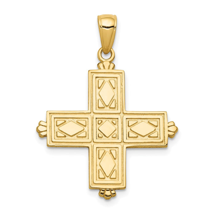 14K Etched Square Cross w/Crown Tips Pendant-C4332