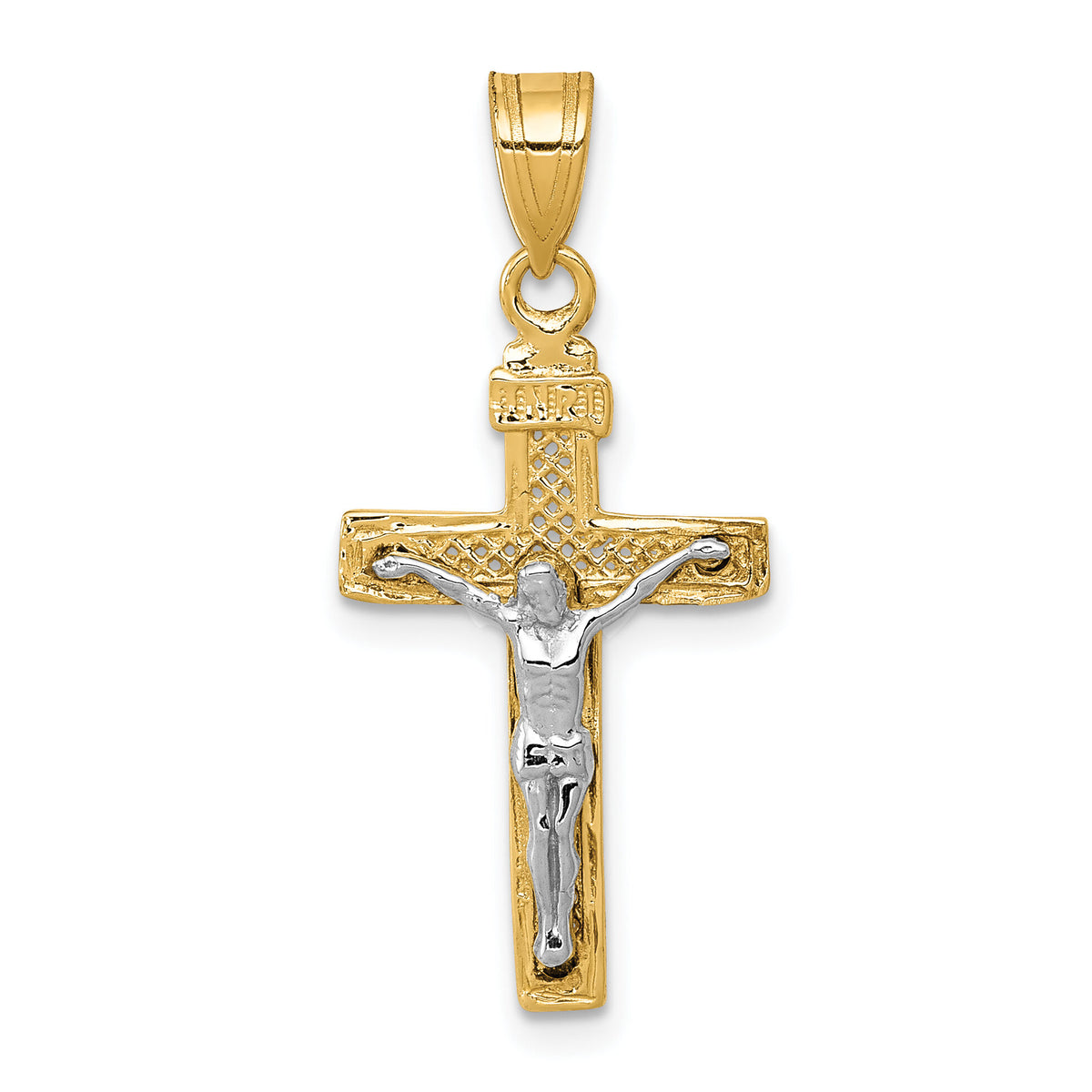 14K Two-tone Diamond-cut Lattice Cross w/Crucifix Pendant-C4349