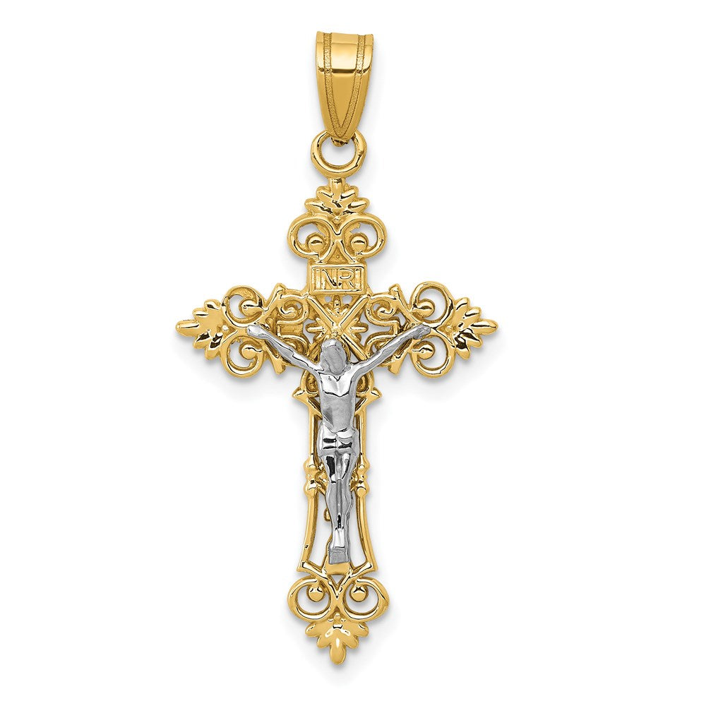 14K Two-Tone Medium Lacy-Edge Inri Crucifix Pendant-C4387