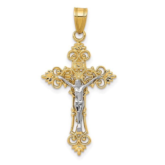 14K Two-Tone Medium Lacy-Edge Inri Crucifix Pendant-C4387