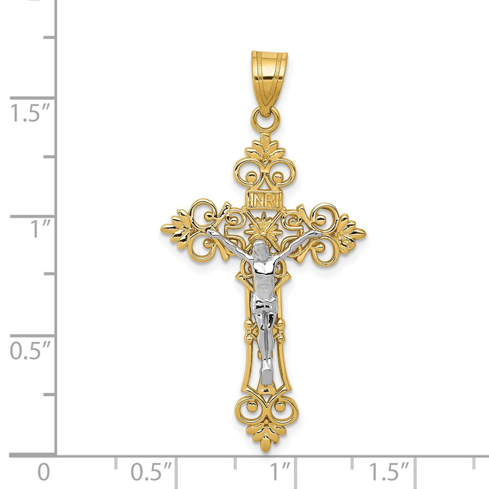 14K Two-Tone Large Lacy-Edge Inri Crucifix Pendant-C4388