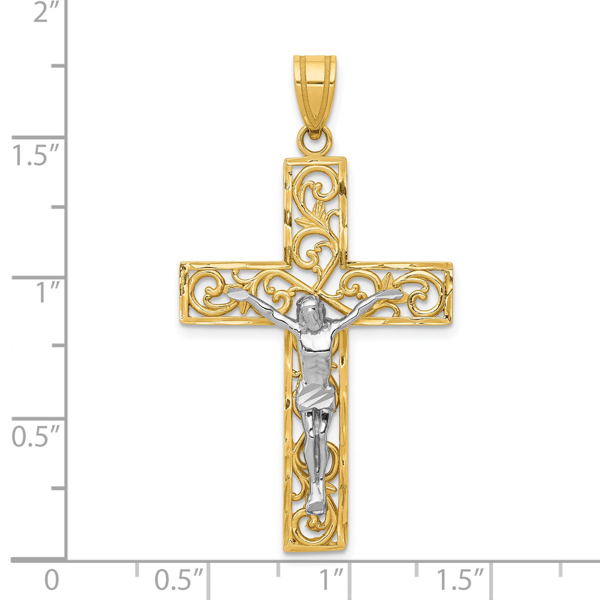 14K Two-Tone D/C Large Block Filigree Crucifix Pendant-C4394