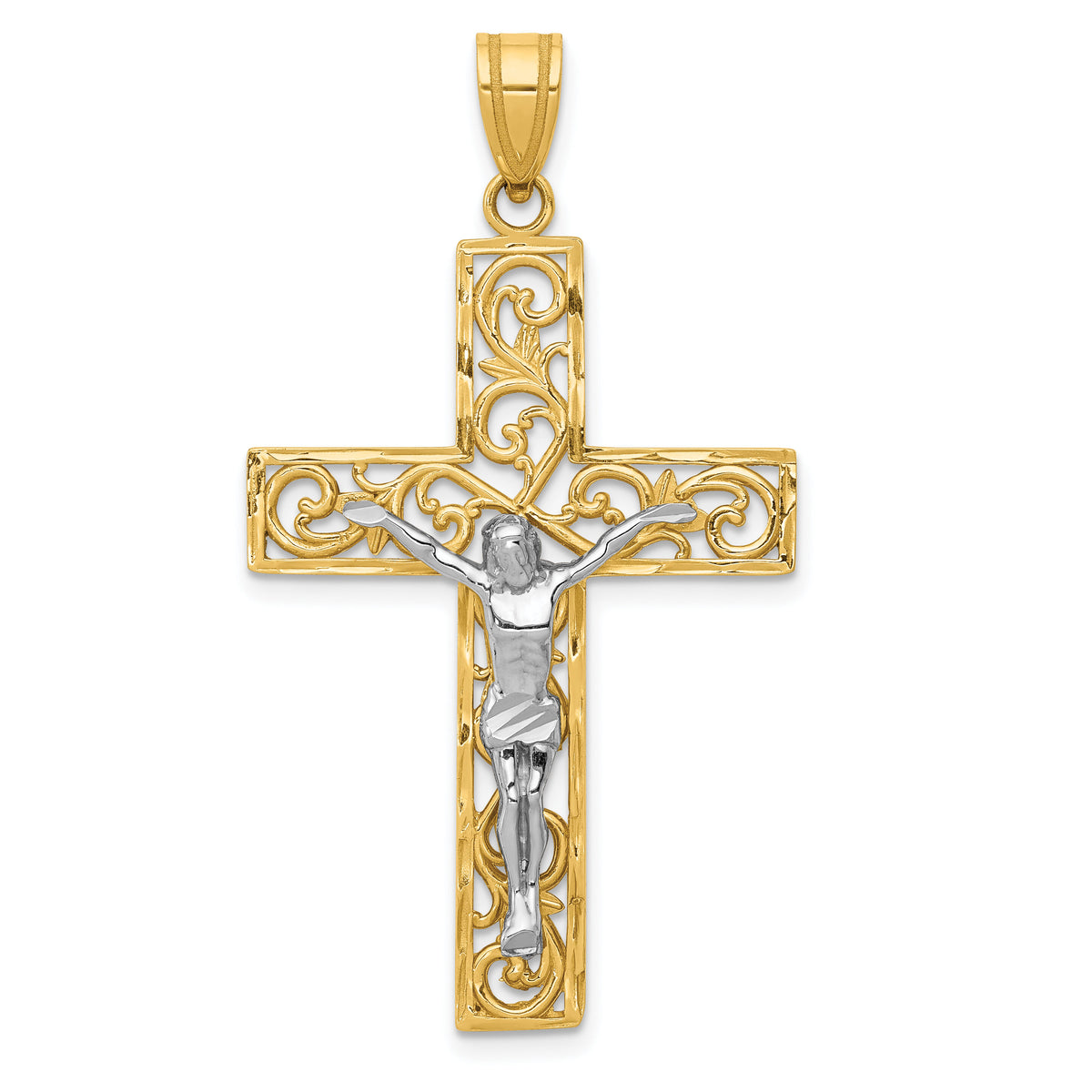 14K Two-Tone D/C Large Block Filigree Crucifix Pendant-C4394