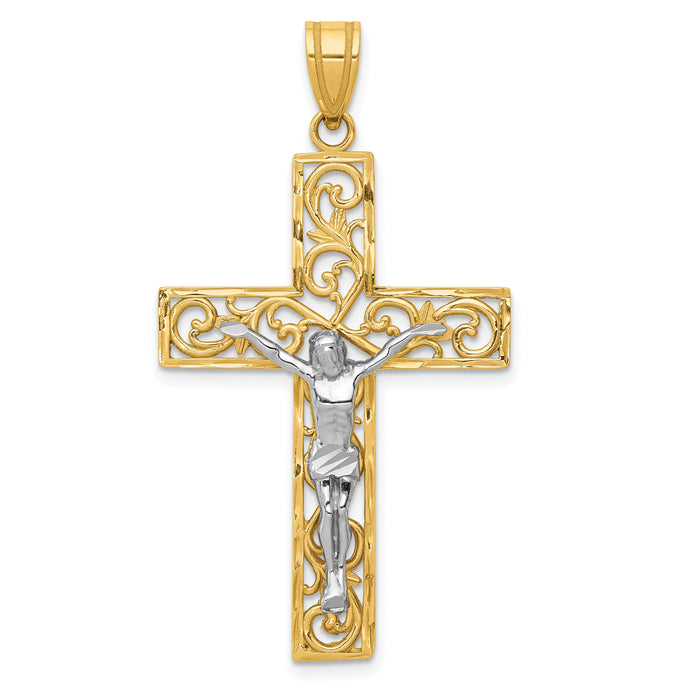 14K Two-Tone D/C Large Block Filigree Crucifix Pendant-C4394