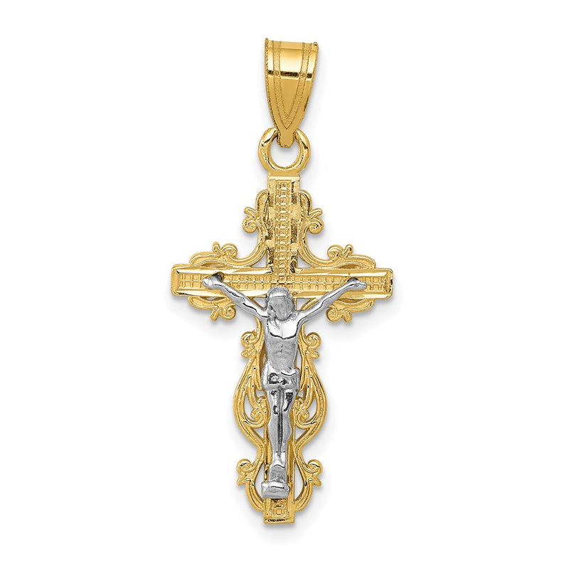 14K Two-tone Small Narrow Cross w/Crucifix Pendant-C4395