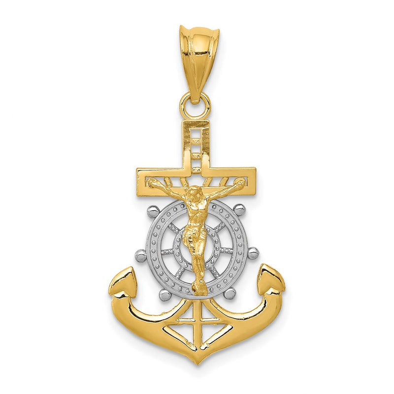 14k w/Rhodium Diamond-cut Mariners Cross Pendant-C4398