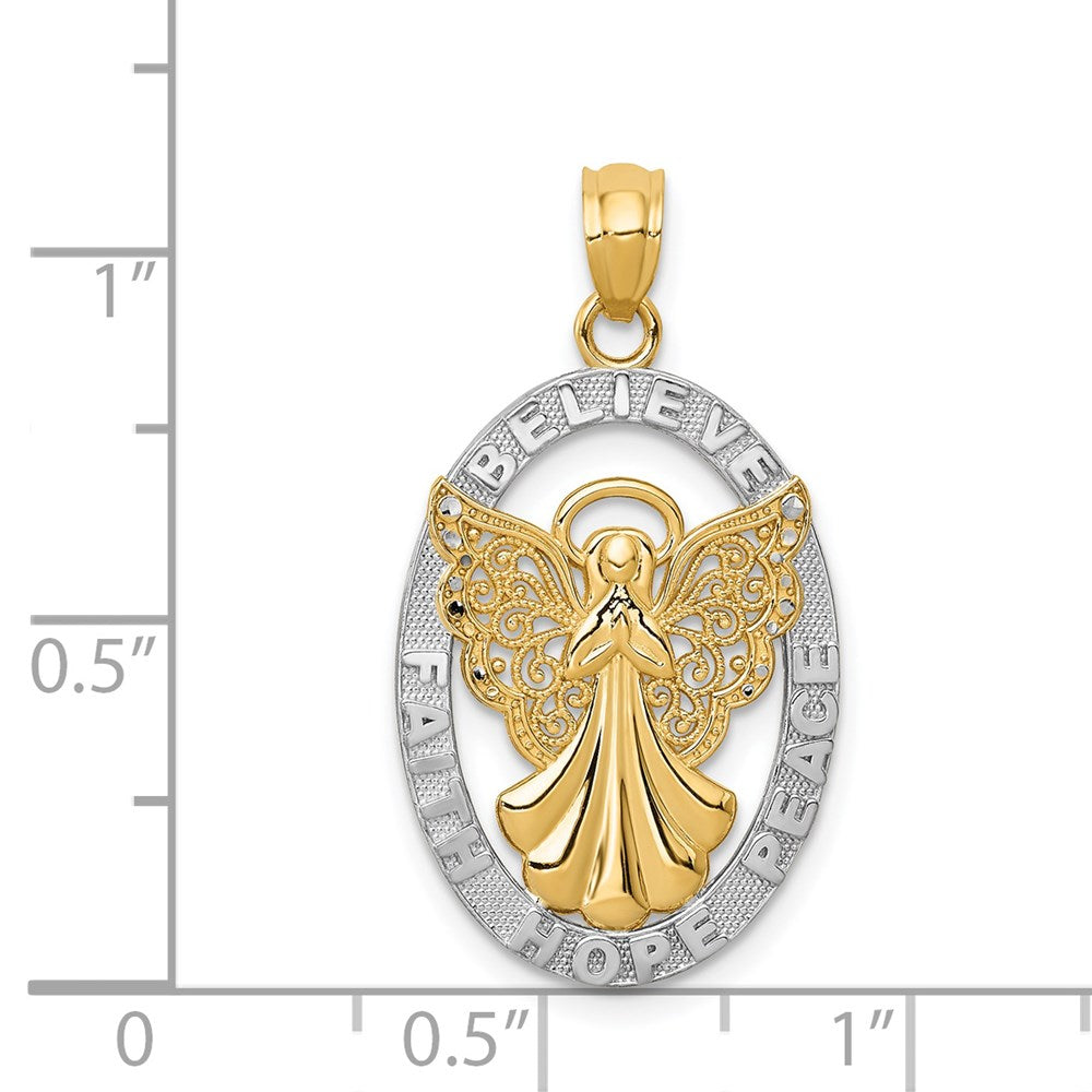 14K W/Rhodium BELIEVE PEACE FAITH HOPE Angel Pendant-C4406