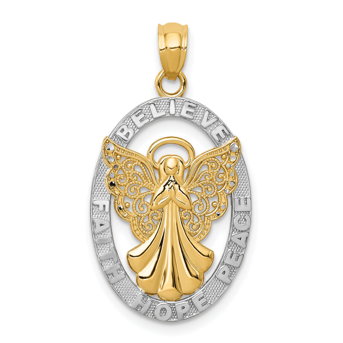 14K W/Rhodium BELIEVE PEACE FAITH HOPE Angel Pendant-C4406