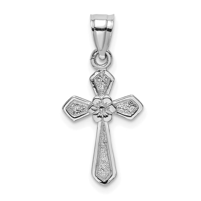 14K White Gold Small Cross w/Flower Pendant-C4470W