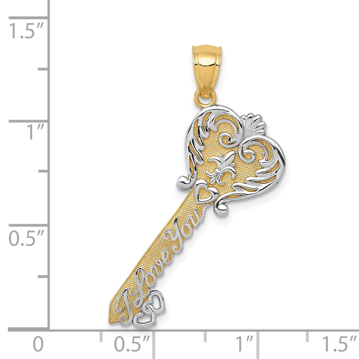 14K w/White Rhodium Polished I LOVE YOU Filigree Heart Key Charm-C4489