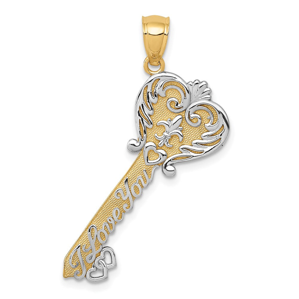 14K w/White Rhodium Polished I LOVE YOU Filigree Heart Key Charm-C4489