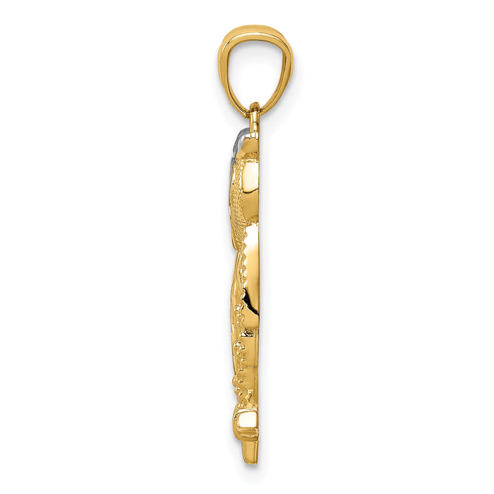 14k Yellow Gold Rhodium Diamond Cut Owl Pendant-C4496