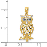 14k Yellow Gold Rhodium Diamond Cut Owl Pendant-C4496