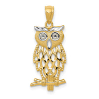 14k Yellow Gold Rhodium Diamond Cut Owl Pendant-C4496