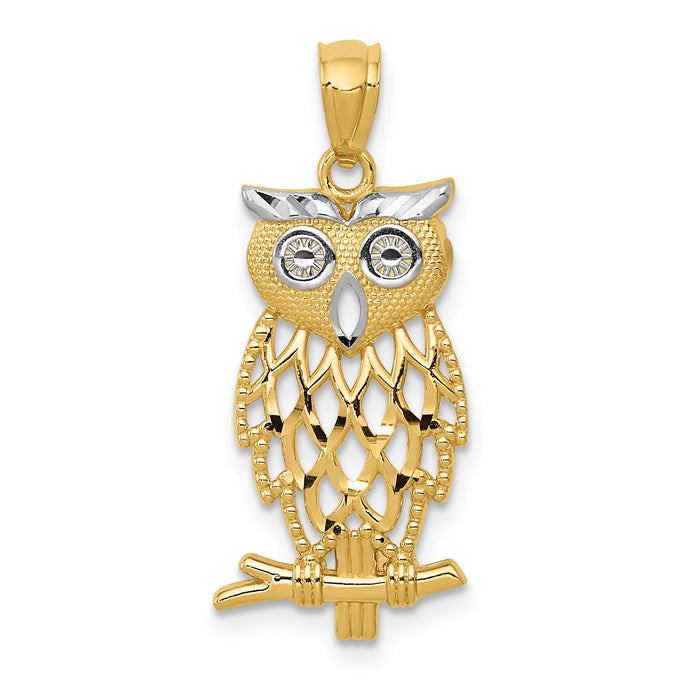 14k Yellow Gold Rhodium Diamond Cut Owl Pendant-C4496