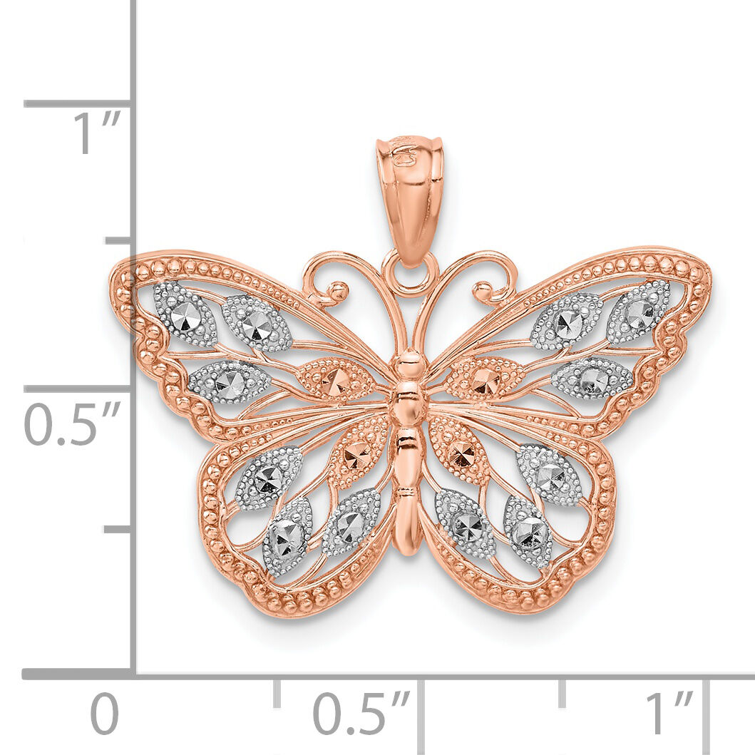 14k Rose Gold w/Rhodium Diamond-cut Butterfly Pendant-C4499