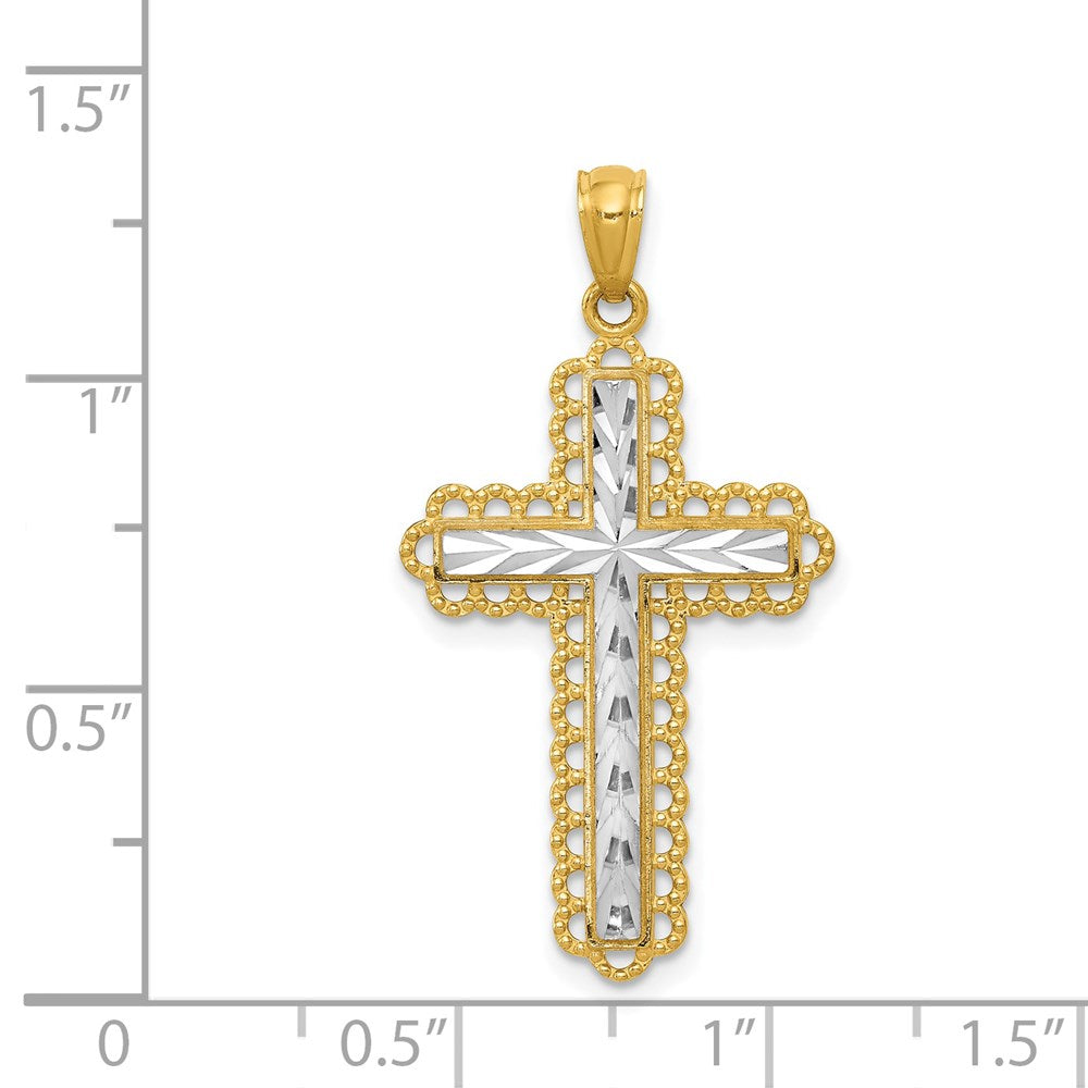 14K Yellow Gold w/Rhodium Diamond Cut Cross Pendant-C4506