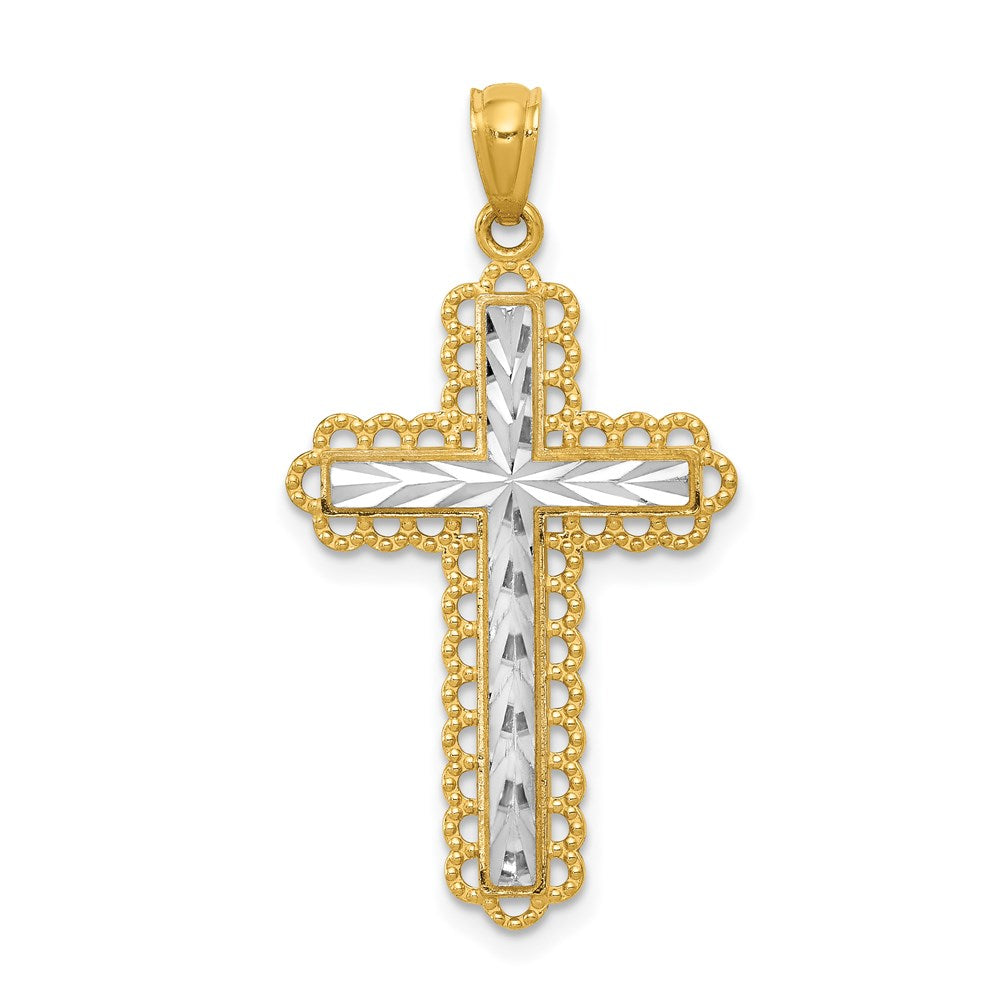 14K Yellow Gold w/Rhodium Diamond Cut Cross Pendant-C4506