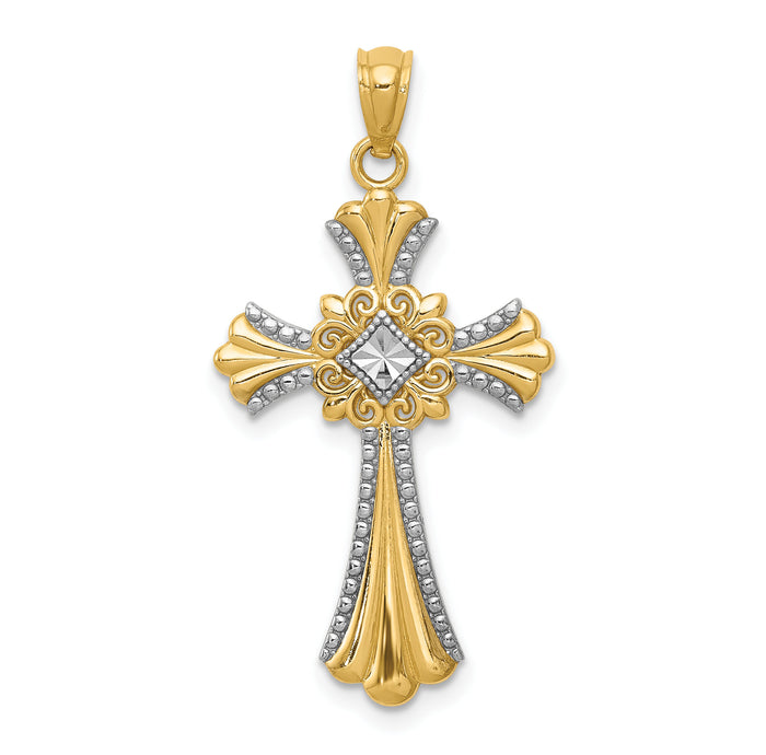 14K w/Rhodium Diamond-Cut Cross Pendant-C4515