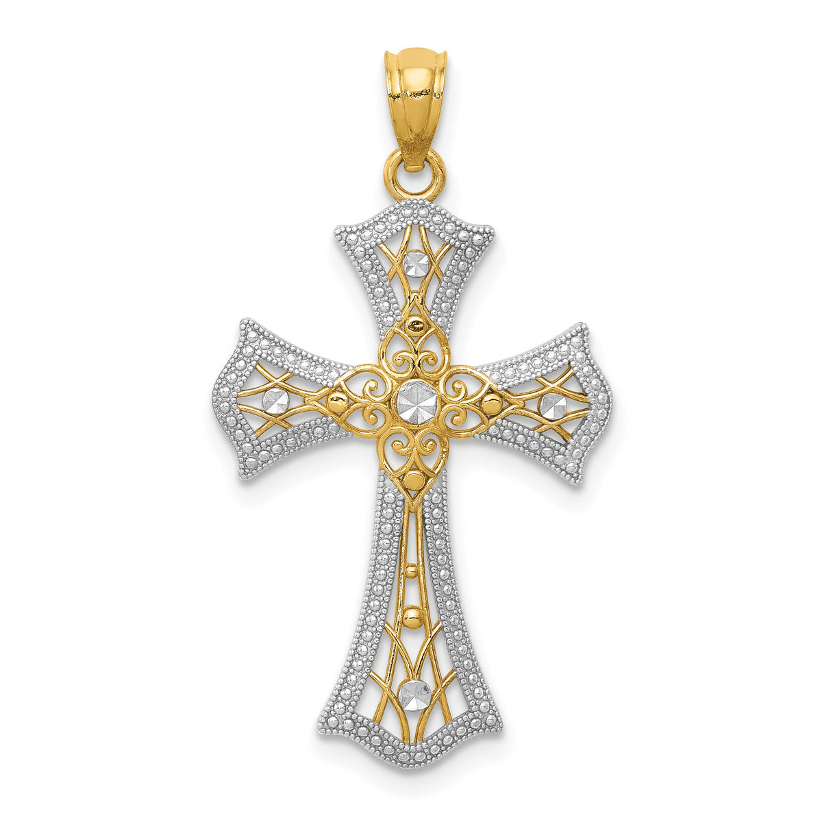 14K w/Rhodium Diamond-Cut Cross Pendant-C4516