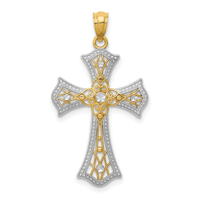 14K w/Rhodium Diamond-Cut Cross Pendant-C4516