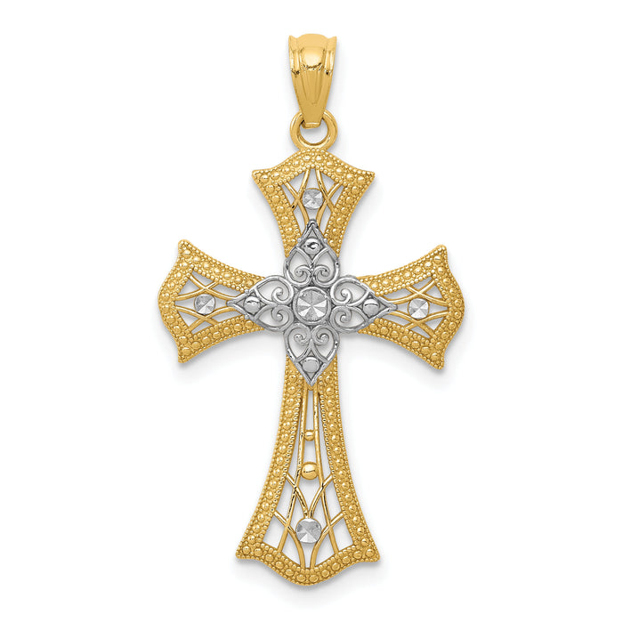 14K w/Rhodium Diamond-Cut Cross Pendant-C4517