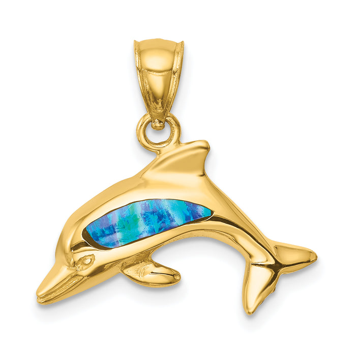 14K Lab Created Opal Dolphin Pendant-C4596