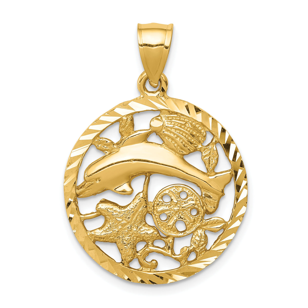 14K Diamond-cut Dolphin and Shells Circle Pendant-C4598