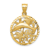 14K Diamond-cut Dolphin and Shells Circle Pendant-C4598
