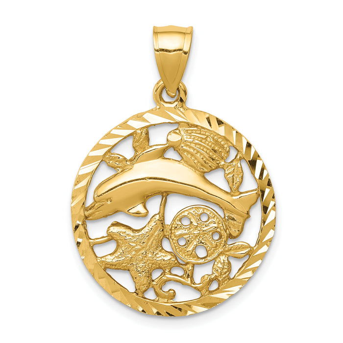 14K Diamond-cut Dolphin and Shells Circle Pendant-C4598