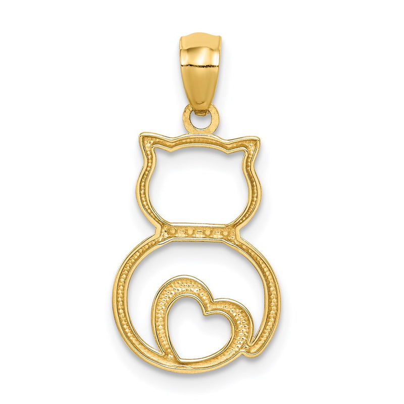 14k White Rhodium Diamond-cut Sitting Cat Pendant-C4621