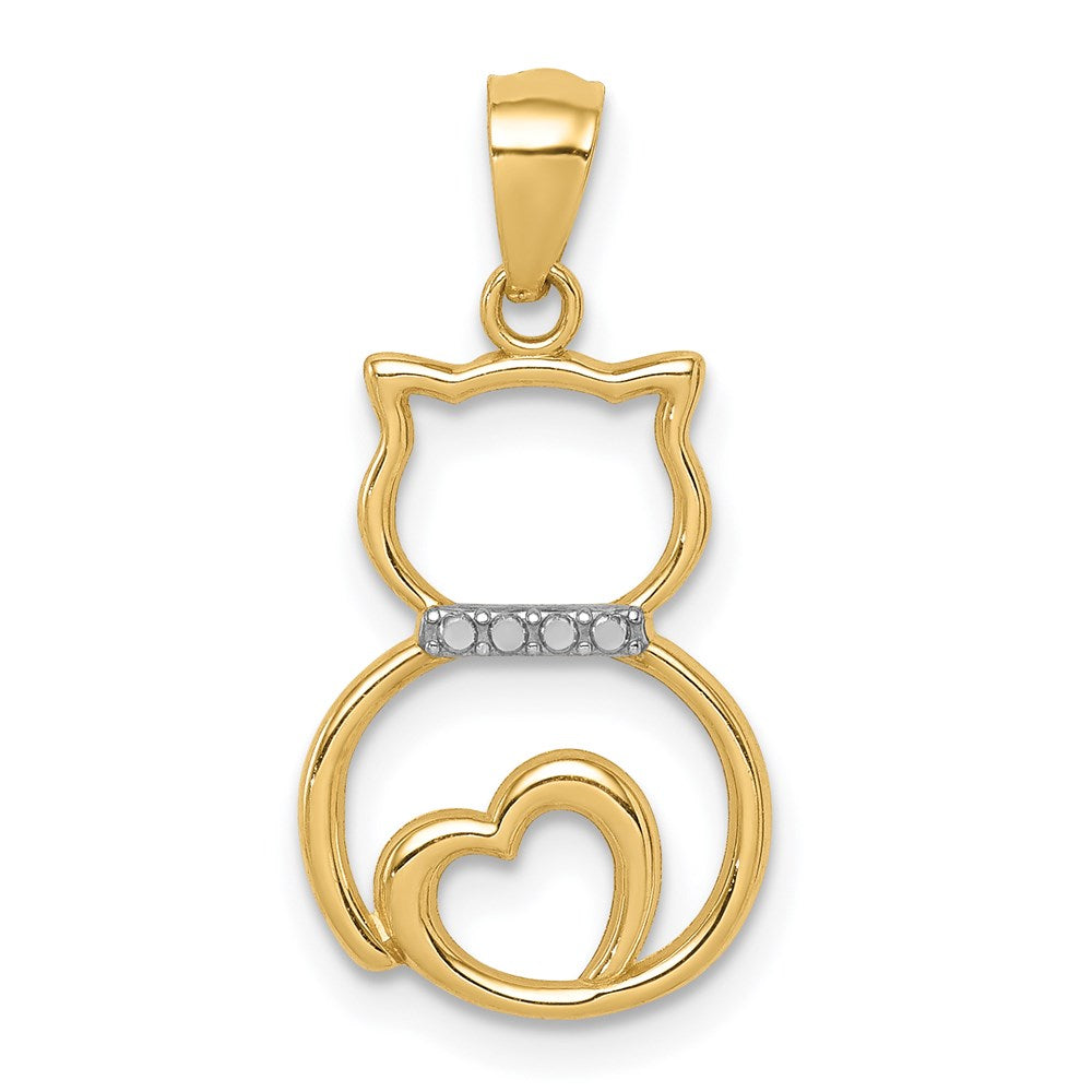 14k White Rhodium Diamond-cut Sitting Cat Pendant-C4621