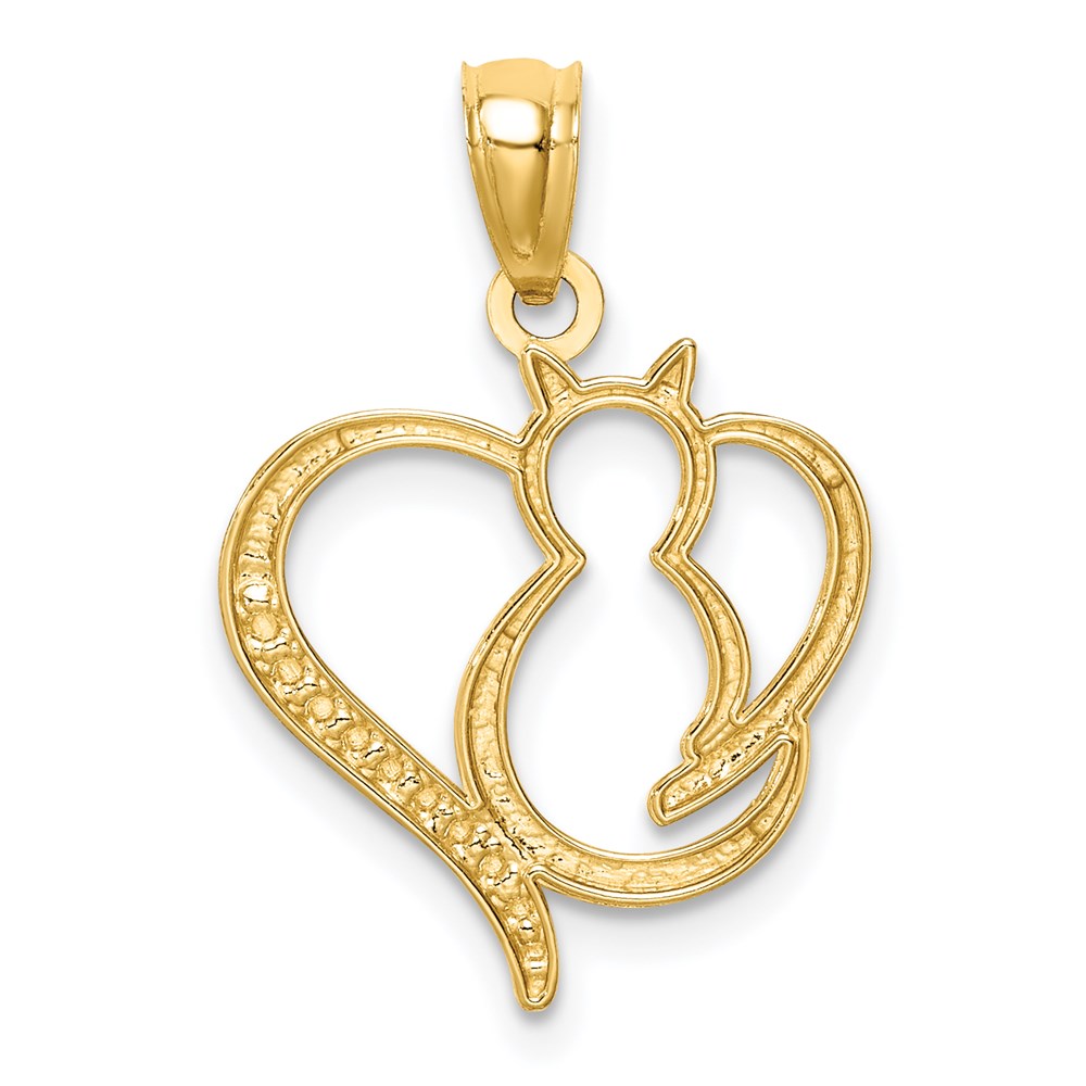 14K White Rhodium Sitting Cat in a Heart Pendant-C4624