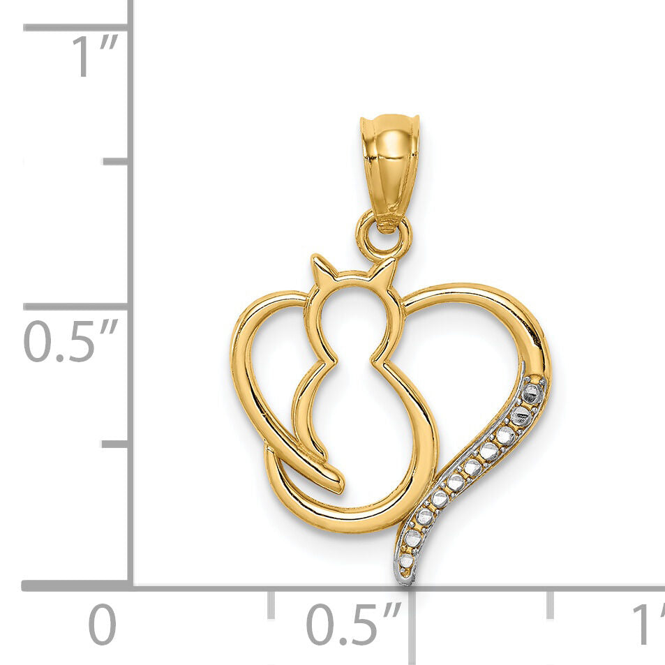 14K White Rhodium Sitting Cat in a Heart Pendant-C4624