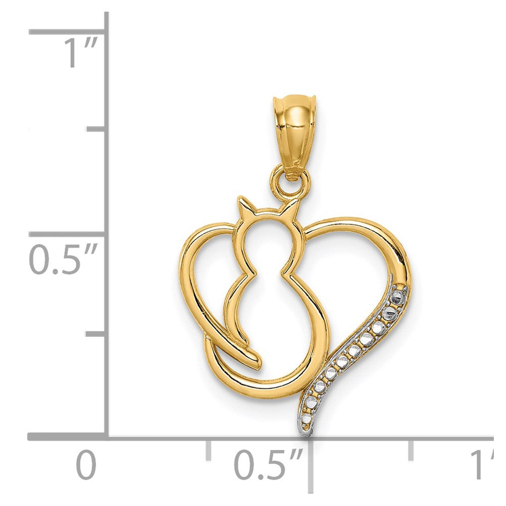 14K White Rhodium Sitting Cat in a Heart Pendant-C4624