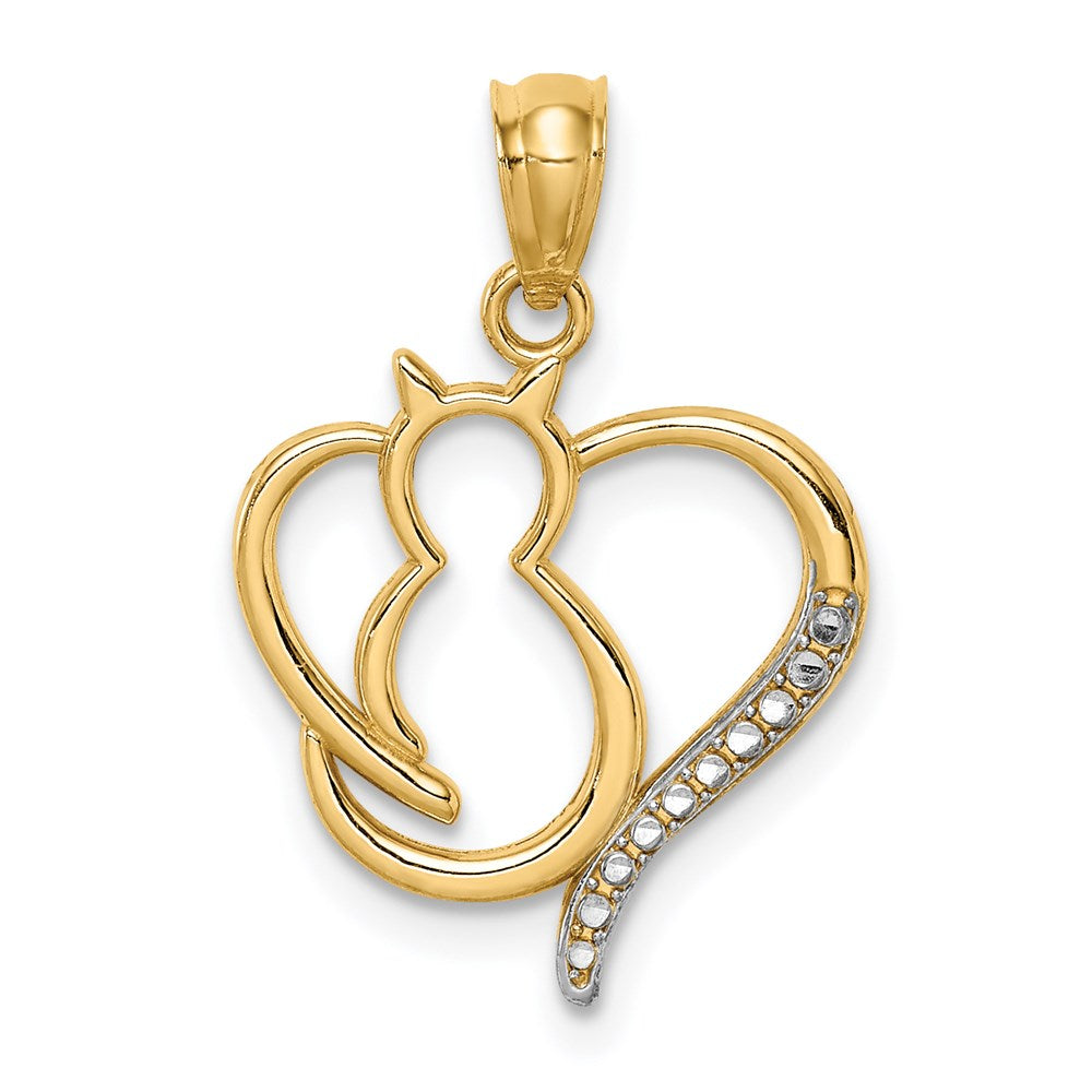 14K White Rhodium Sitting Cat in a Heart Pendant-C4624