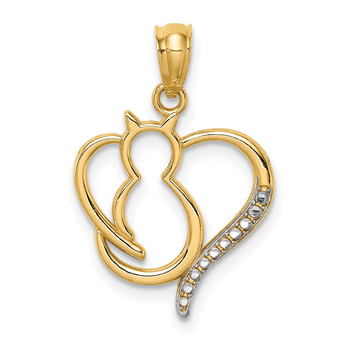 14K White Rhodium Sitting Cat in a Heart Pendant-C4624