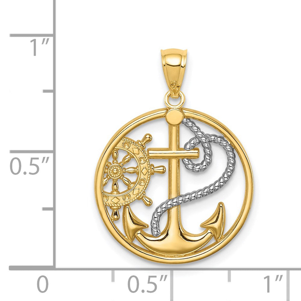 14K W/ Rhodium Cross Anchor Captain Wheel Pendant-C4649