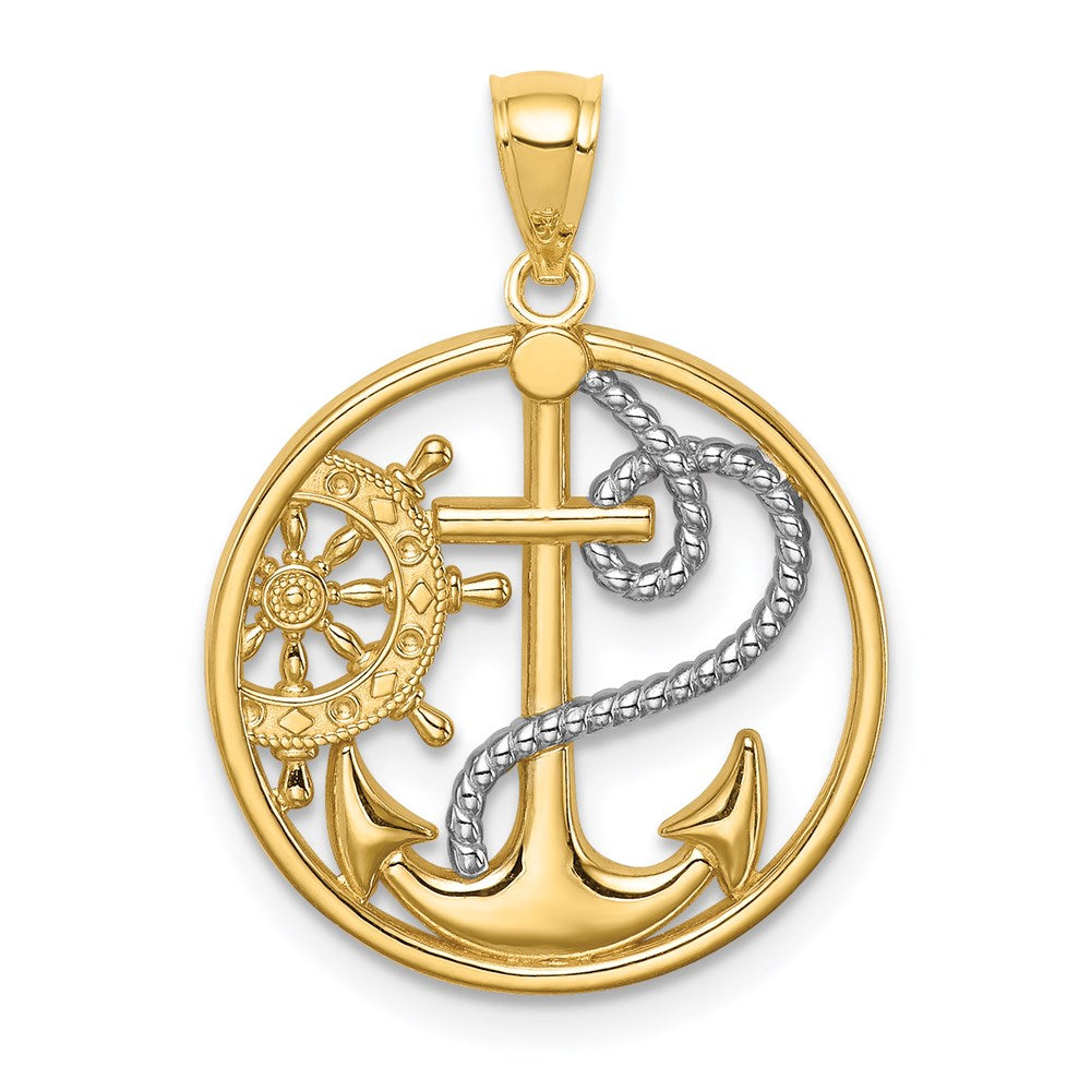 14K W/ Rhodium Cross Anchor Captain Wheel Pendant-C4649