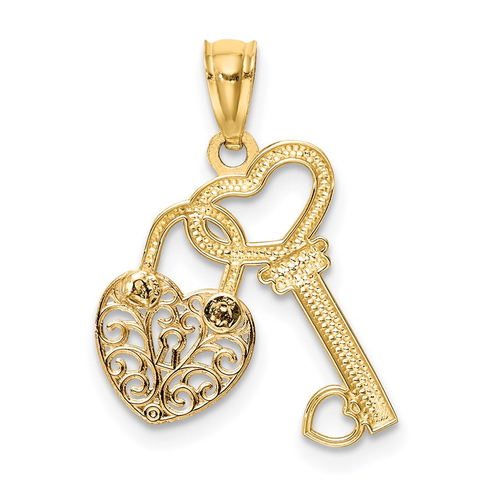 14K Two-tone Polished Filigree Heart Lock and Diamond-cut Key Charm-C4664