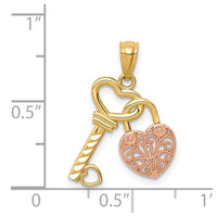14K Two-tone Polished Filigree Heart Lock and Diamond-cut Key Charm-C4664