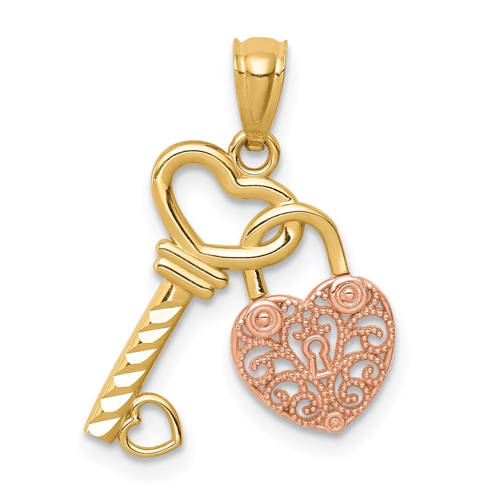 14K Two-tone Polished Filigree Heart Lock and Diamond-cut Key Charm-C4664