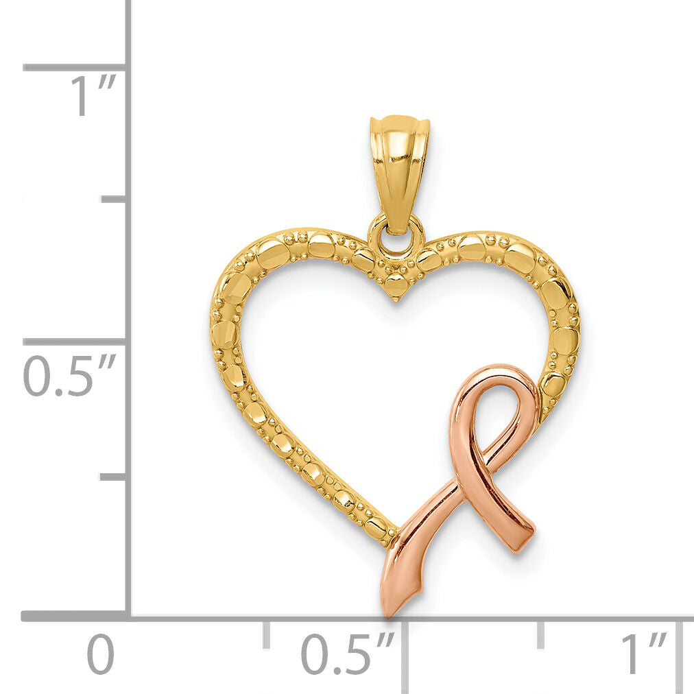 14K Rose Rhodium Pink Ribbon with Heart Pendant-C4676