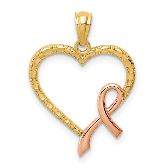 14K Rose Rhodium Pink Ribbon with Heart Pendant-C4676