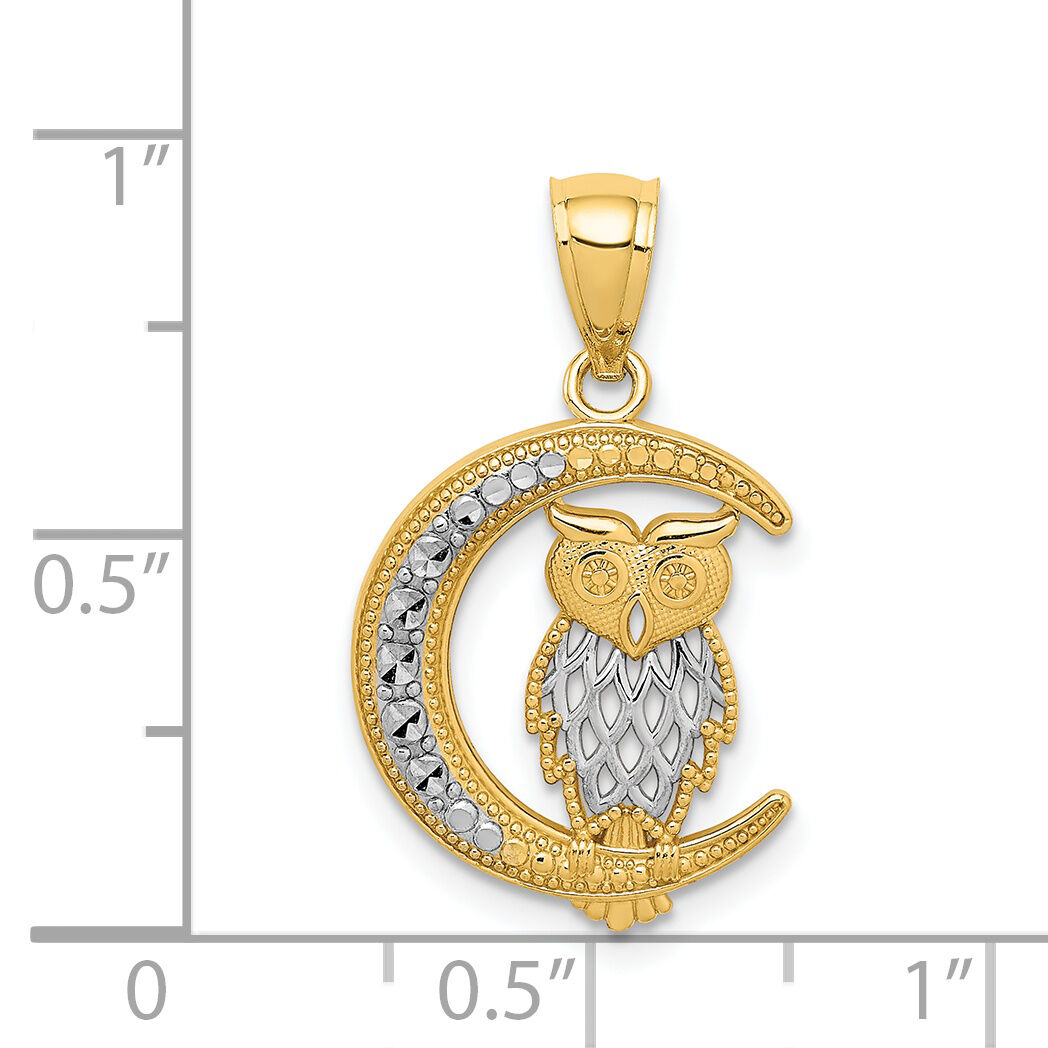 14K White Rhodium D/C Owl on the Moon Pendant-C4681